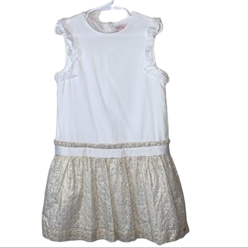 Lili Gaufrette White And Gold Metallic Shimmer Dress Size 6